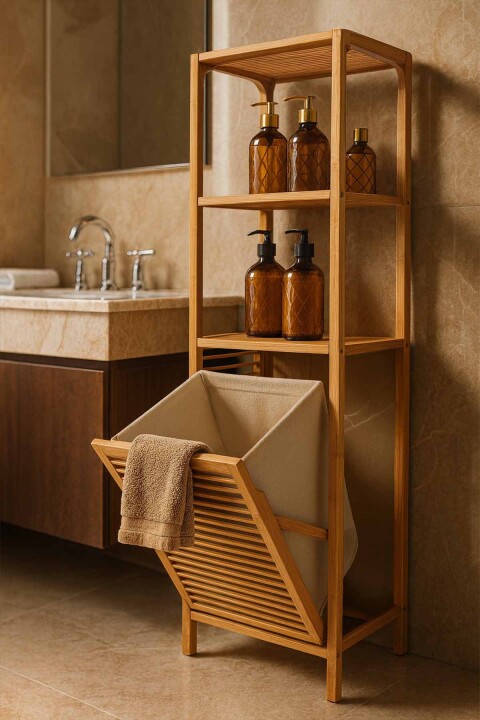 2 Katlı Bambu Çamaşır Sepeti ve Banyo Rafı - Doğal Ahşap Düzenleyici - Bambuland