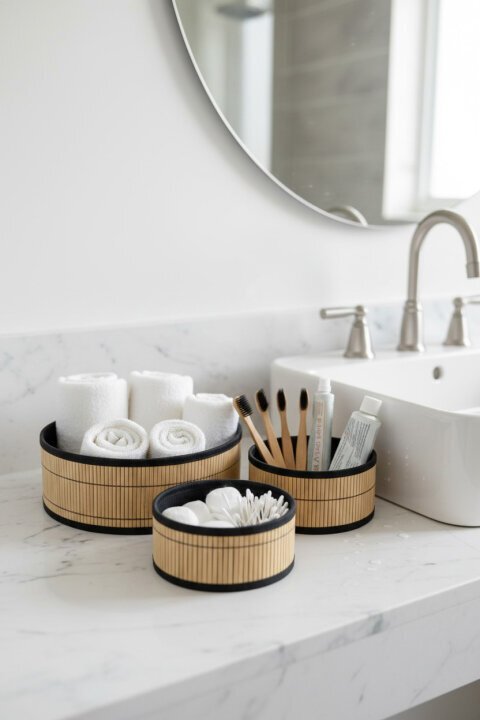 3'lü Dekoratif Hasır Sepet Seti – Siyah Şeritli Yuvarlak - Bambuland