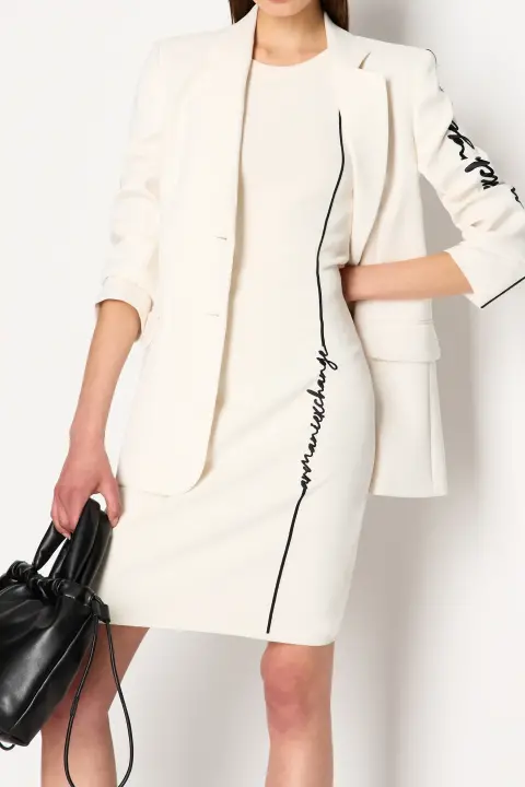 Kadın Logo Yazılı Triko Elbise-Ekru 