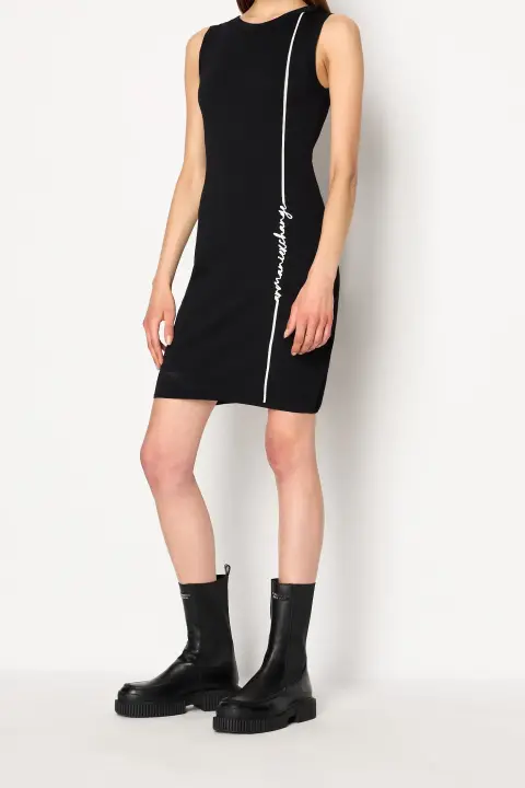 Kadın Logo Yazılı Triko Elbise-Siyah 