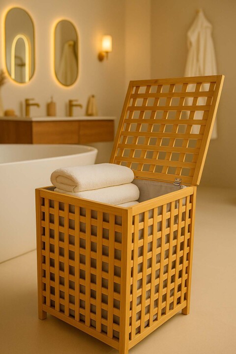 Bambu Çamaşır Sepeti - Kare Tasarım Kapaklı 58x45x45 cm - Bambuland