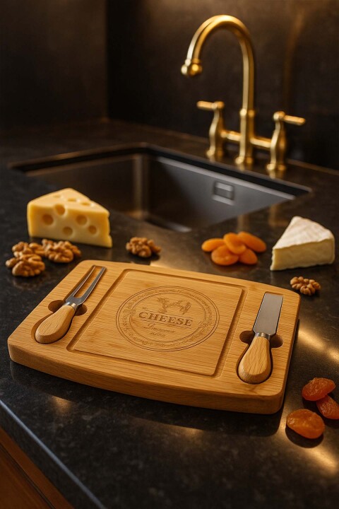 Bambu Peynir ve Et Sunum Tahtası - 2 Bıçaklı Doğal Ahşap Set 29x19 cm - Bambuland