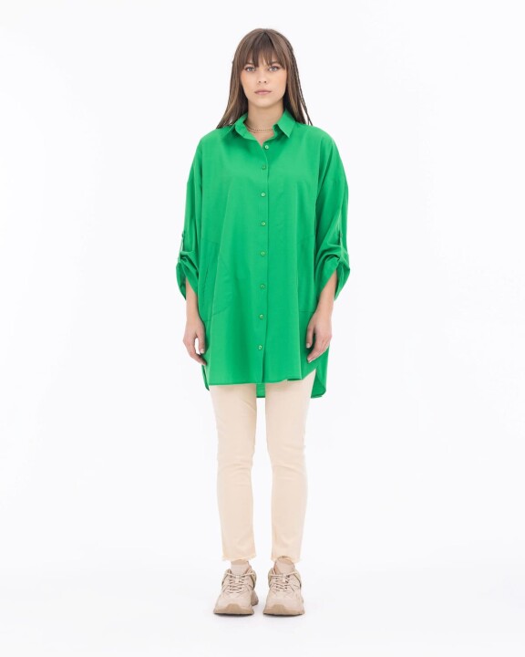 Cepli Oversize Poplin Düz Gömlek-Yeşil 