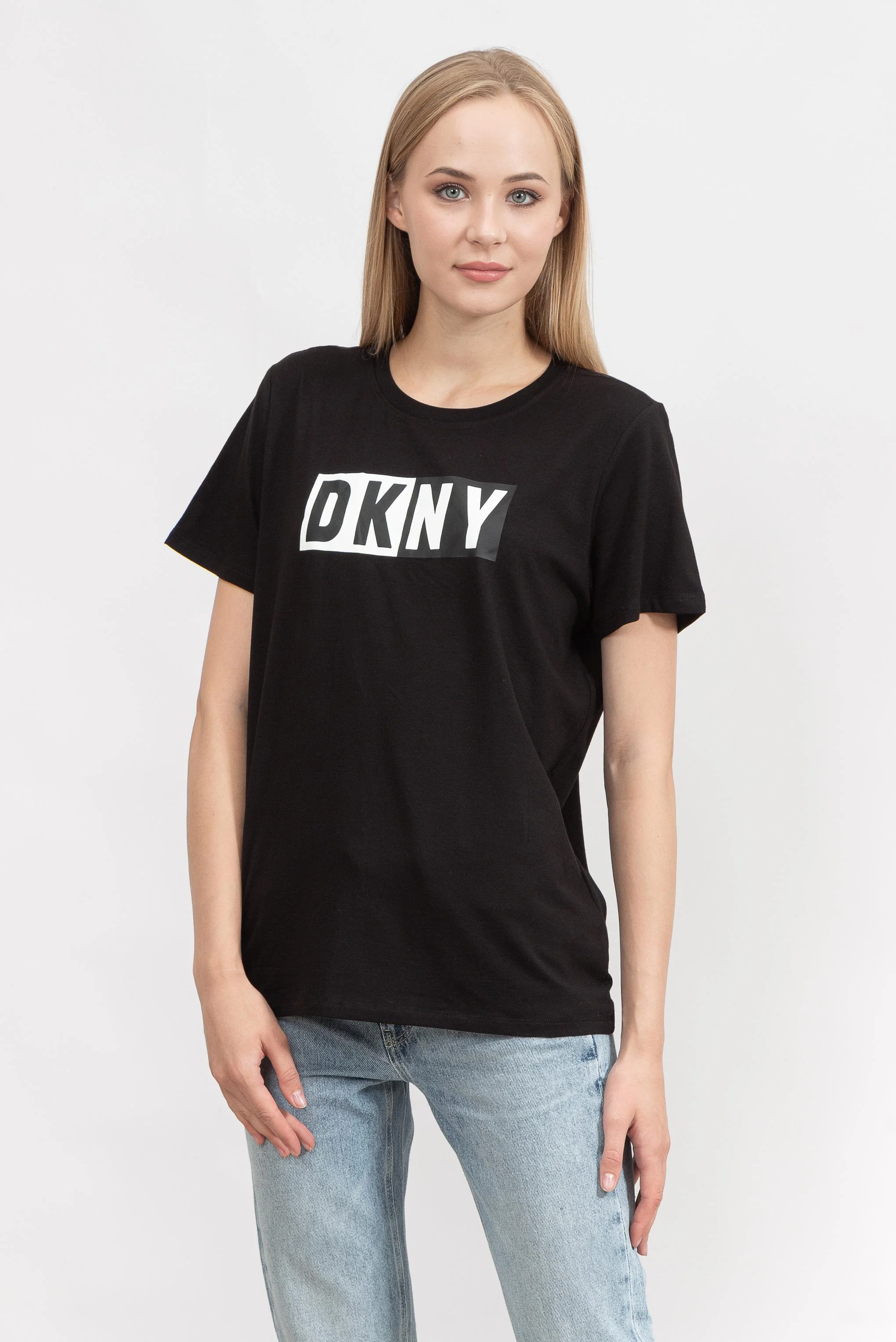 Kadın Two Tone Bisiklet Yaka T-Shirt-Siyah - DKNY