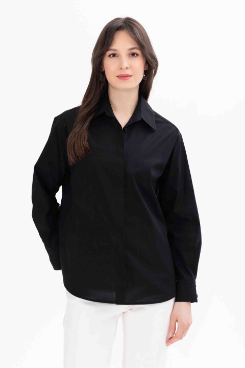 Düğmeli Uzun Kol Gömlek-Siyah - Seçil