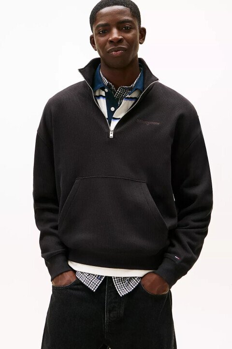 Erkek 90's Script Yarım Fermuarlı Sweatshirt - Siyah 