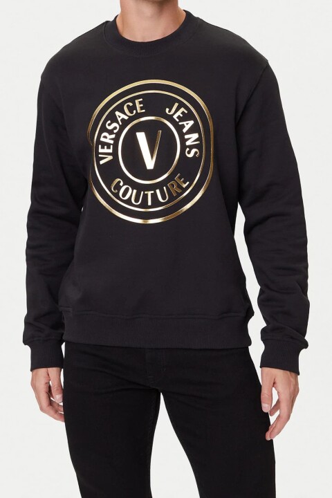 Erkek Altın Rengi Varak Baskı Amblemli Bisiklet Yaka Sweatshirt - Siyah/Gold - Versace