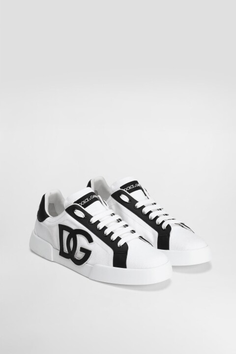 Erkek Aplike Logolu Canvas Sneakers - Beyaz/Siyah - Dolce&gabbana