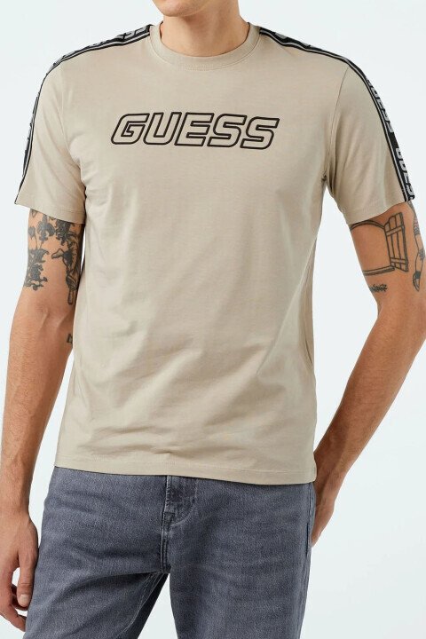 Erkek Arlo Tam Kalıp Yuvarlak Yaka Logolu T-Shirt - Bej 