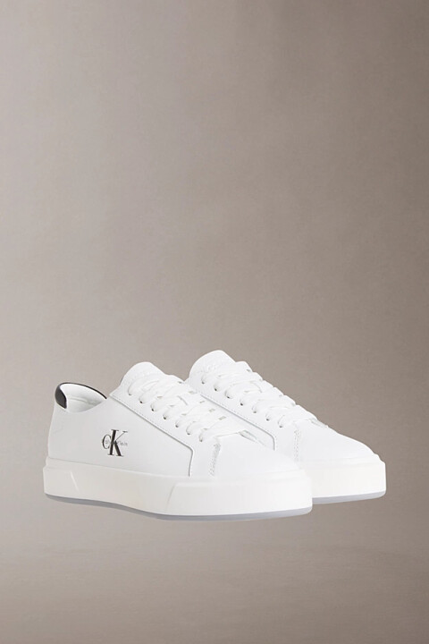Erkek Basket Cupsole Bağcıklı Deri Spor Ayakkabı - Beyaz/Siyah - Calvin Klein