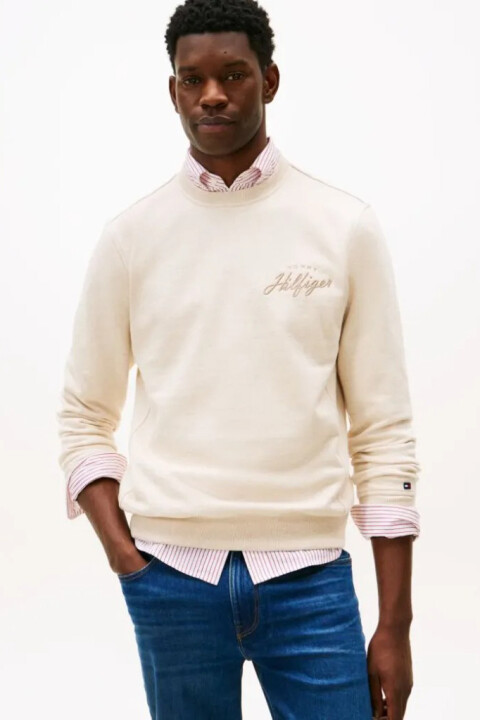 Erkek Bisiklet Yaka Nakış Logolu Sweatshirt - Bej 