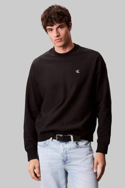 Erkek Bisiklet Yaka Nakış Logolu Sweatshirt - Siyah 