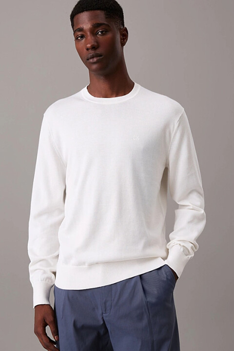 Erkek Bisiklet Yaka Supima Pamuklu Triko Kazak - Beyaz - Calvin Klein