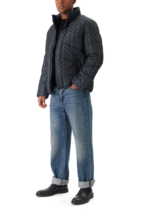 Erkek Chain Normal Kalıp Monogram Desenli Şişme Mont - Antrasit 