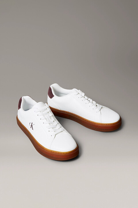 Erkek Classic Cupsole Bağcıklı Deri Spor Ayakkabı - Beyaz/Bordo 