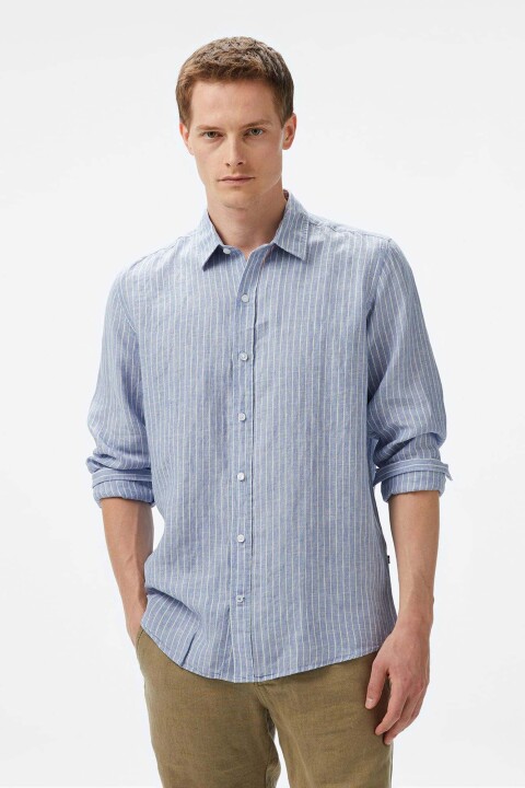 Erkek Classic Fit Çizgili Keten Gömlek - Mavi - Nautica