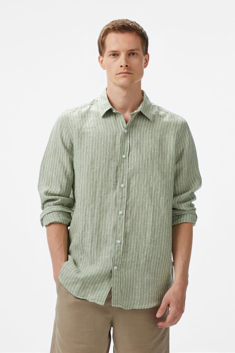 Erkek Classic Fit Çizgili Keten Gömlek - Yeşil - Nautica