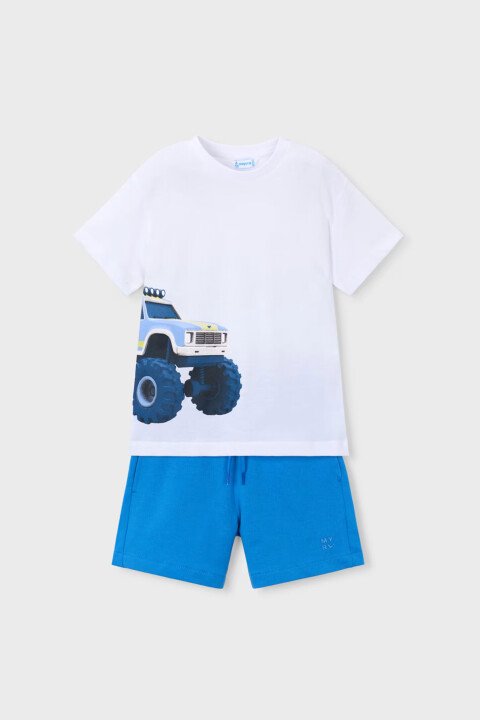 Erkek Çocuk Araç Baskılı T-Shirt ve Şort Seti - Beyaz/Mavi 