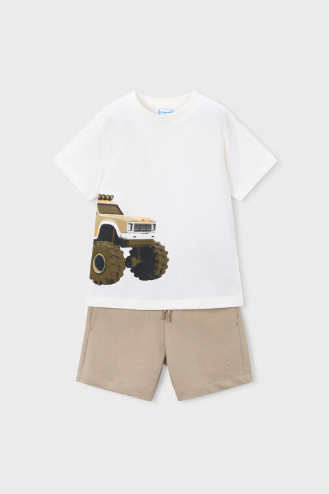 Erkek Çocuk Araç Baskılı T-Shirt ve Şort Seti - Ekru/Bej 