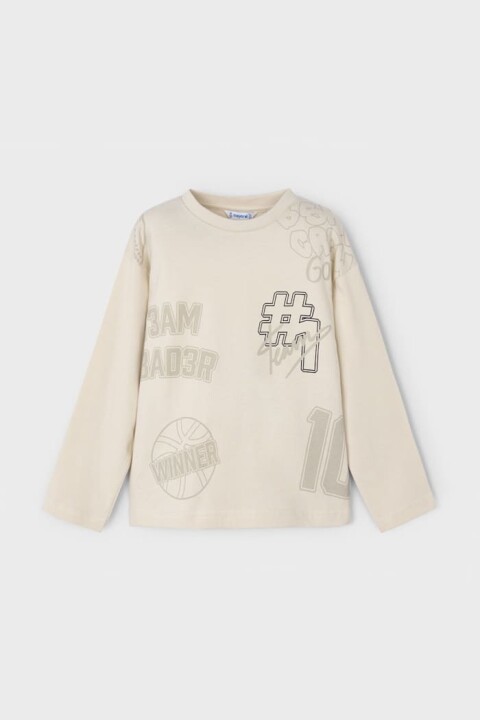 Erkek Çocuk Basketbol Temalı Grafik Baskılı Uzun Kollu T-Shirt - Bej - Mayoral
