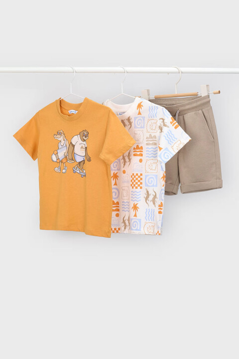 Erkek Çocuk Baskılı 3'lü Şort ve T-Shirt Takımı - Hardal 