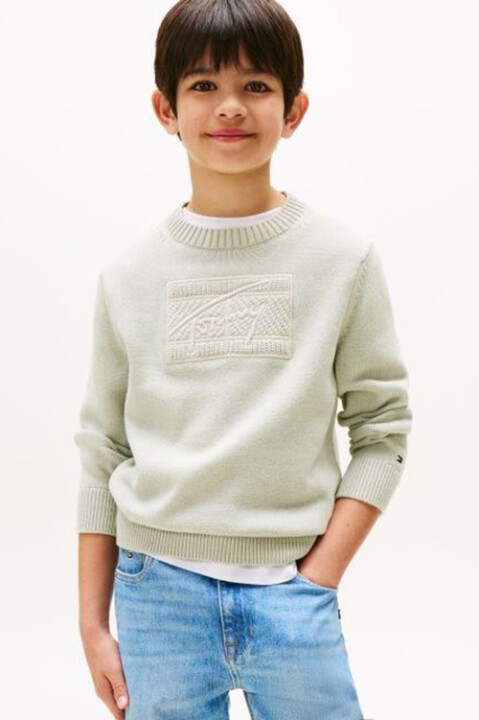 Erkek Çocuk Bisiklet Yaka Göğsü Kabartma Desenli Triko Kazak - Açık Yeşil - Tommy Hilfiger