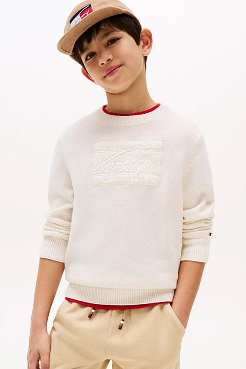 Erkek Çocuk Bisiklet Yaka Göğsü Kabartma Desenli Triko Kazak - Krem - Tommy Hilfiger