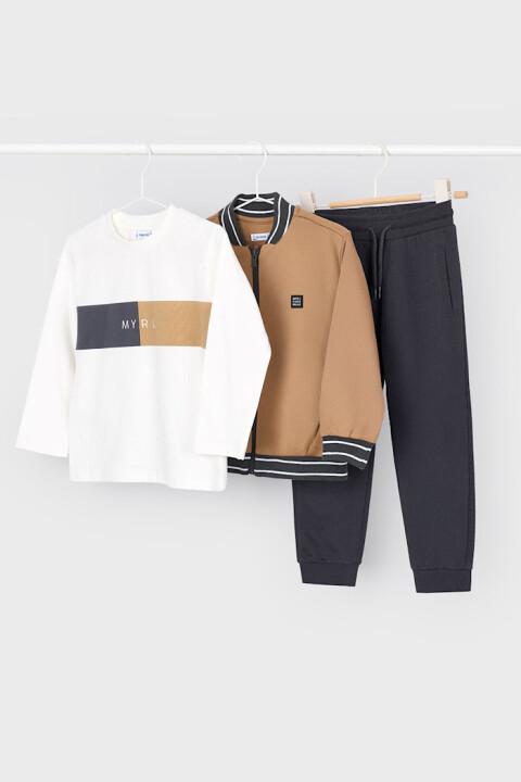 Erkek Çocuk Bomber Ceketli 3 Parça Eşofman Takımı - Karamel/Lacivert 