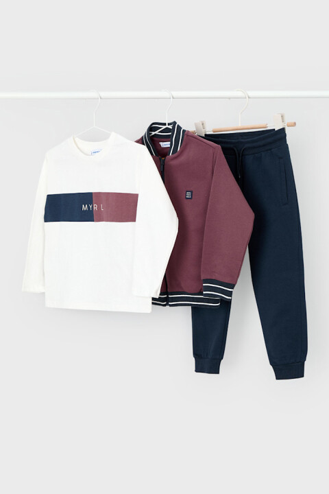 Erkek Çocuk Bomber Ceketli 3 Parça Eşofman Takımı - Mor/Lacivert 