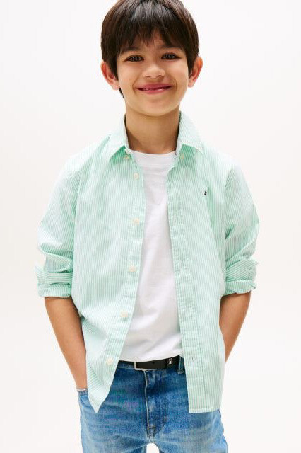 Erkek Çocuk Çizgili Düğmeli Yaka Gömlek - Mint Yeşili - Tommy Hilfiger