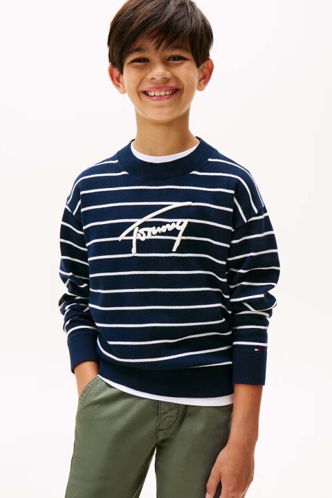 Erkek Çocuk Çizgili Yuvarlak Yaka Triko Kazak – Lacivert - Tommy Hilfiger