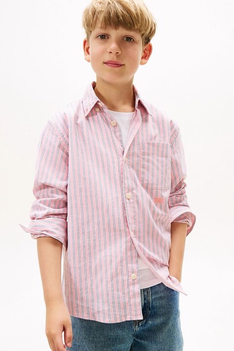 Erkek Çocuk Çok Renkli Çizgili Düğmeli Yaka Gömlek - Pembe - Tommy Hilfiger