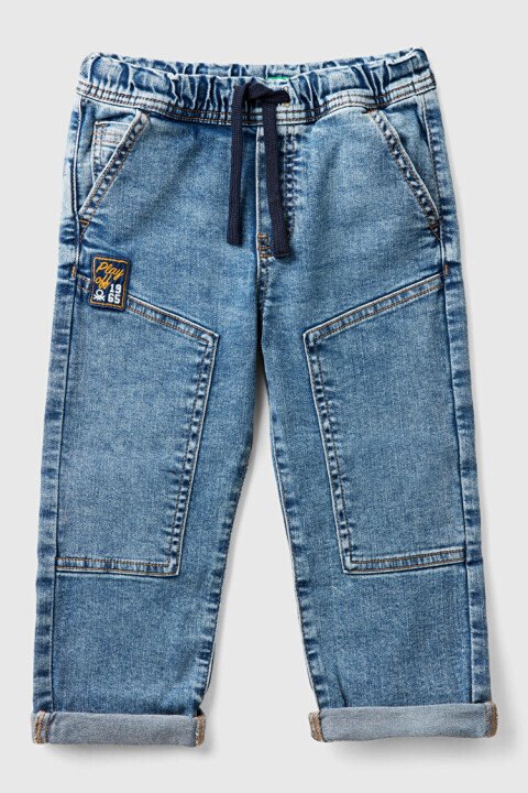 Erkek Çocuk Denim Beli Lastikli Büzgü İpli Kıvrık Paça Denim Pantolon - Mavi - Benetton