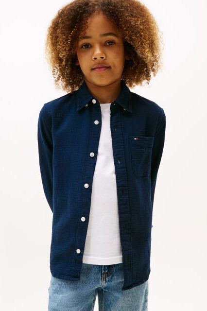 Erkek Çocuk Dokulu Pamuklu Gömlek - Lacivert - Tommy Hilfiger
