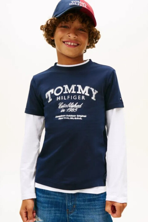 Erkek Çocuk Eskitme Baskılı Logolu T-Shirt - Lacivert - Tommy Hilfiger