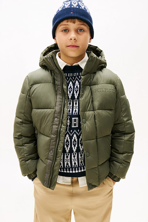 Erkek Çocuk Kabartma Yazı Logolu Kapüşonlu Şişme Mont - Haki - Tommy Hilfiger