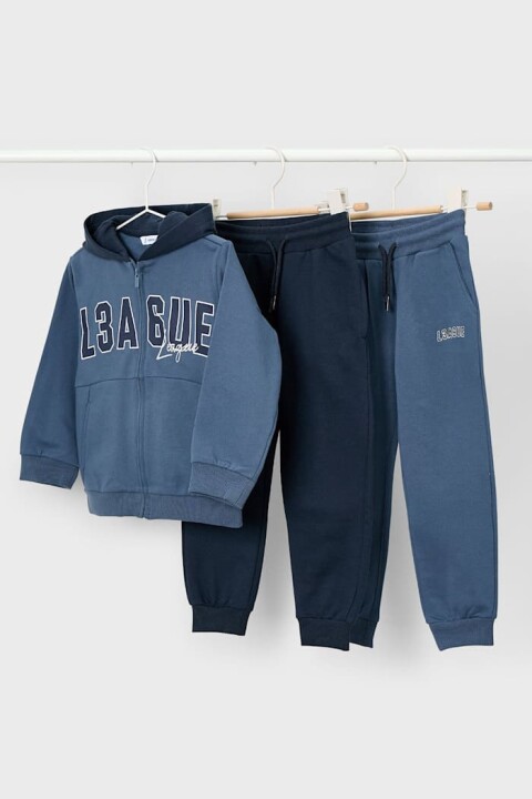 Erkek Çocuk Kapüşonlu 3 Parça Eşofman Takımı - Mavi 