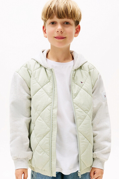Erkek Çocuk Kapüşonlu Karışık Kumaşlı Kapitone Mont - Yeşil/Gri - Tommy Hilfiger
