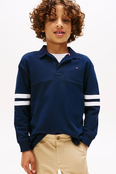 Erkek Çocuk Kolları Çift Şeritli Uzun Kollu Polo Yaka T-Shirt - Lacivert 