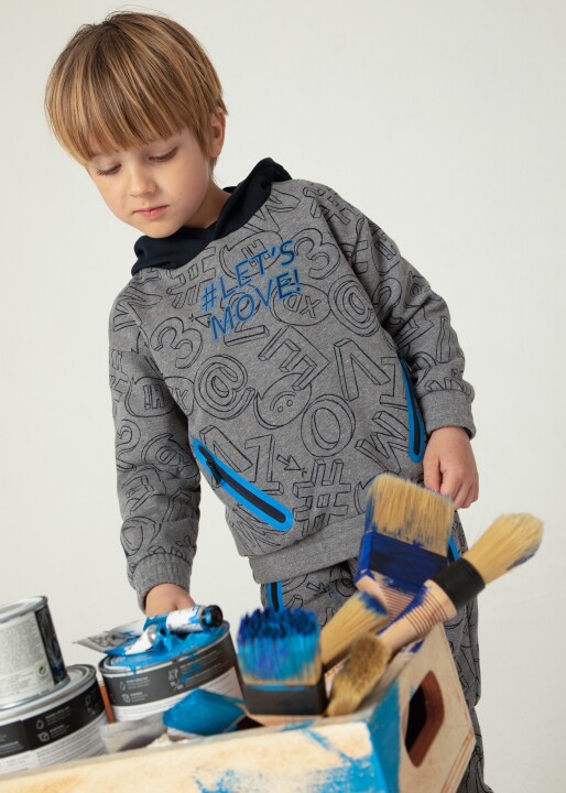 Erkek Çocuk Kontrast Baskılı Kapüşonlu Sweatshirt Gri - Mayoral