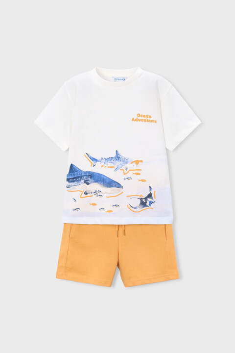 Erkek Çocuk Köpek Balığı Baskılı Şort ve T-Shirt Takımı - Şeftali 