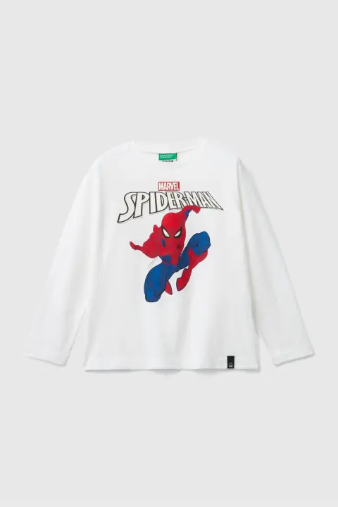  Erkek Çocuk Logolu Spiderman Baskılı Uzun Kollu T-Shirt - Beyaz 