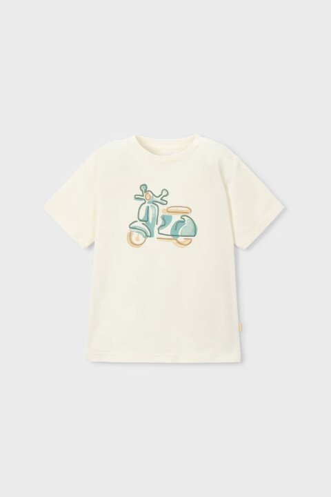 Erkek Çocuk Motosiklet Nakışlı Pamuklu T-Shirt - Ekru - Mayoral