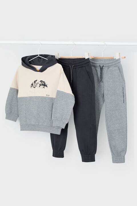Erkek Çocuk Normal Kalıp 3 Parça Dağ Baskılı Eşofman Takımı - Gri 