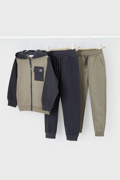 Erkek Çocuk Normal Kalıp 3 Parça Renk Bloklu Eşofman Takımı - Haki 