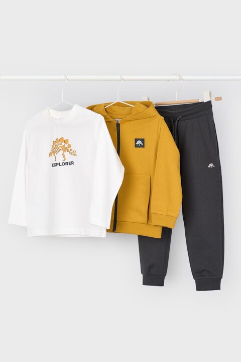 Erkek Çocuk Normal Kalıp Dinozor Temalı 3'lü Eşofman Takımı - Hardal Sarısı 