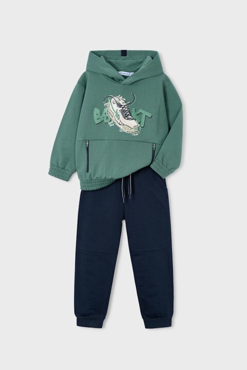 Erkek Çocuk Normal Kalıp Kapüşonlu Baskılı 2'li Eşofman Takımı - Yeşil 