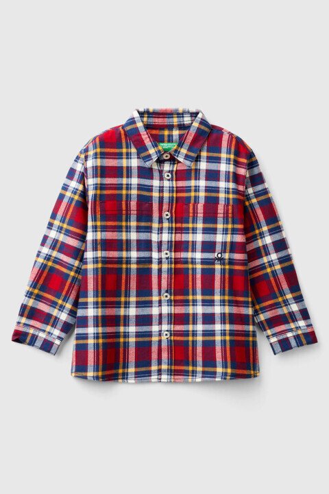 Erkek Çocuk Önü Cepli Logolu Kareli Uzun Kollu Gömlek - Kırmızı Mix - Benetton