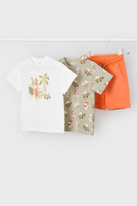 Erkek Çocuk Pamuklu Piksel Baskılı 3'lü Şort ve T-Shirt Takımı - Turuncu 