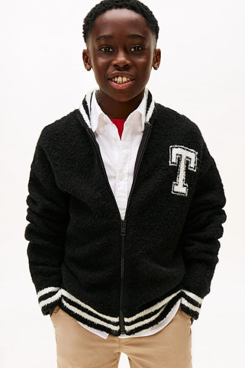 Erkek Çocuk Regular Fit Harf Aplikeli Şeritli Yaka Kolej Hırka - Siyah - Tommy Hilfiger